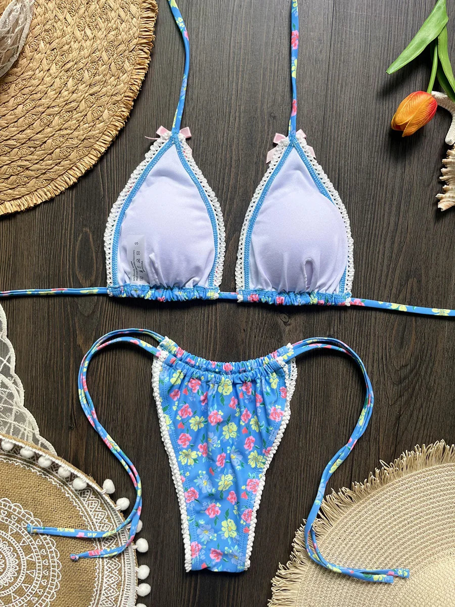 2025 Floral Printed Halter Bikini Female Swimsuit Women Swimwear Two-pieces Bikini set Strappy Bow Bather Bathing Suit Swim Lady