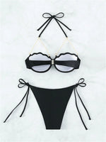 Sexy Shell Shape Underwire Bikini Tie Side Thong Bikinis Swimwear Women 2025 Black Pearls Strap Push Up Bathing Suit Swimsuit