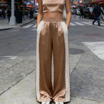 Elegant Solid Color Women's Satin Wide Leg Pants Lace Trim High Waist Loose Fit Trousers For Daily Vacation