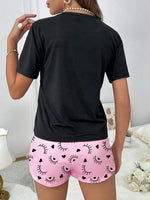 Cozy Eyelash Slogen Print Pajama Set Black Short Sleeve Crew Neck Tee And Pink Shorts Trendy Women's Summer Loungewear Sleepwear