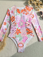 Pink Floral Print Surf Swimwear Women Front Zipper Long Sleeve Sunscreen Holiday One Piece Swimsuit Bathing Suit Monokini 2026