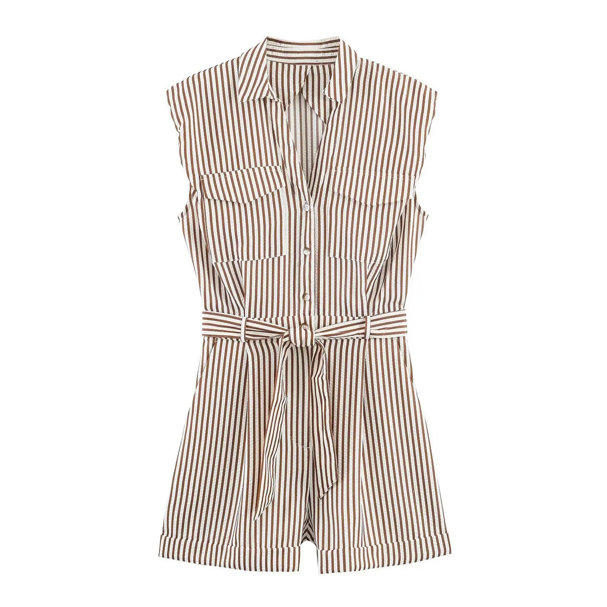 Women's Belted Striped Shorts Jumpsuit Women Striped Sleeveless Button Down Belted Pocket Detail Casual Jumpsuit For Summer 9X2T