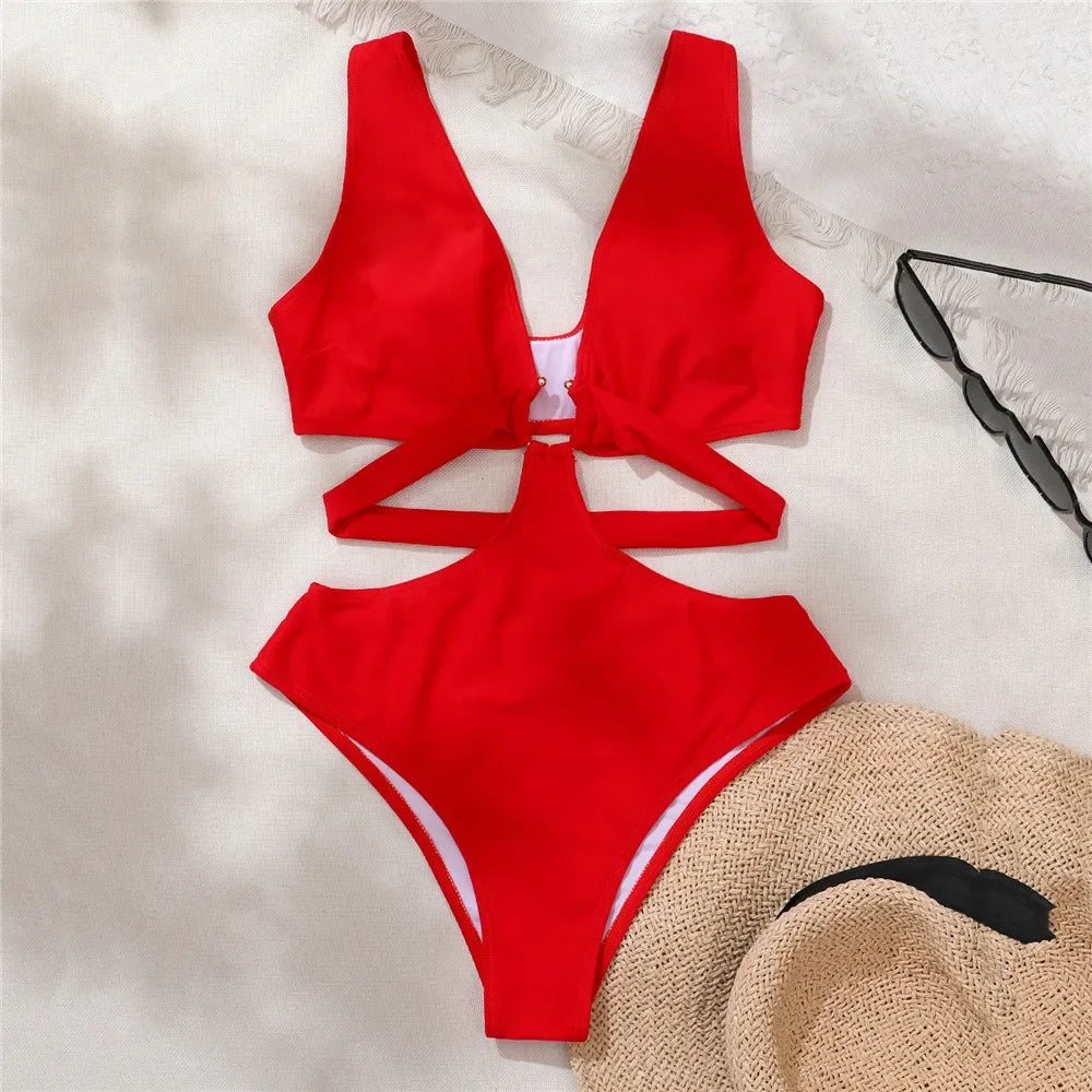 Black Bandage Hollow Out Swimwear One Piece Swimsuit Women Push Up Metal Ring Linked Monokini Bathing Suit Swimming Wear 2026