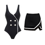 New 2Pcs Black Hollow Swimsuit Women Sexy Swimwear With Midi Skirt Push Up Bikini Female Biquini Bathingsuit Bodysuit Beachwear