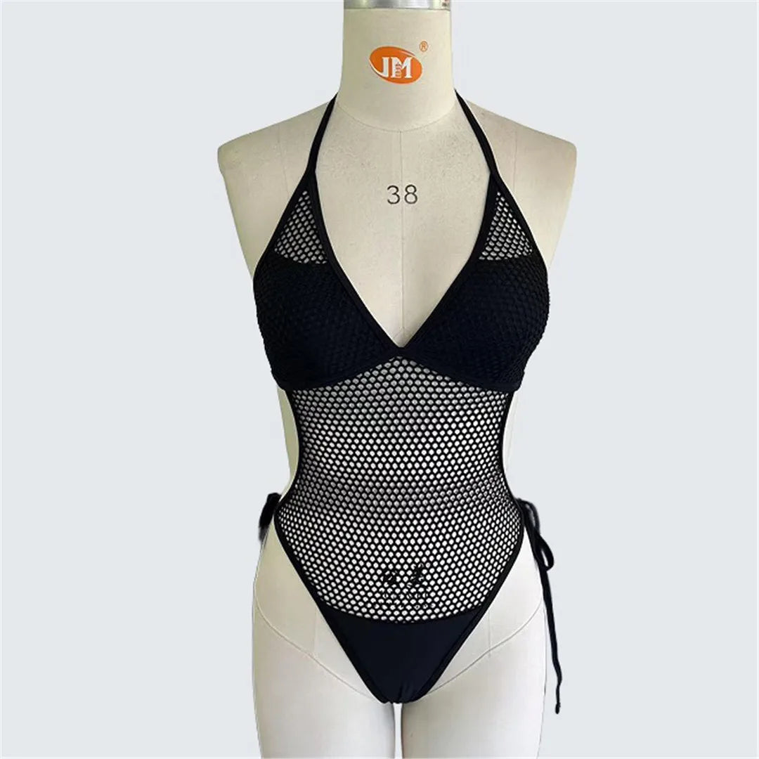 S - XXL Fish Net Mesh Hollow Out Halter One Piece Swimsuit Women Swimwear Female Backless Padded Bather Bathing Suit Swim V7503