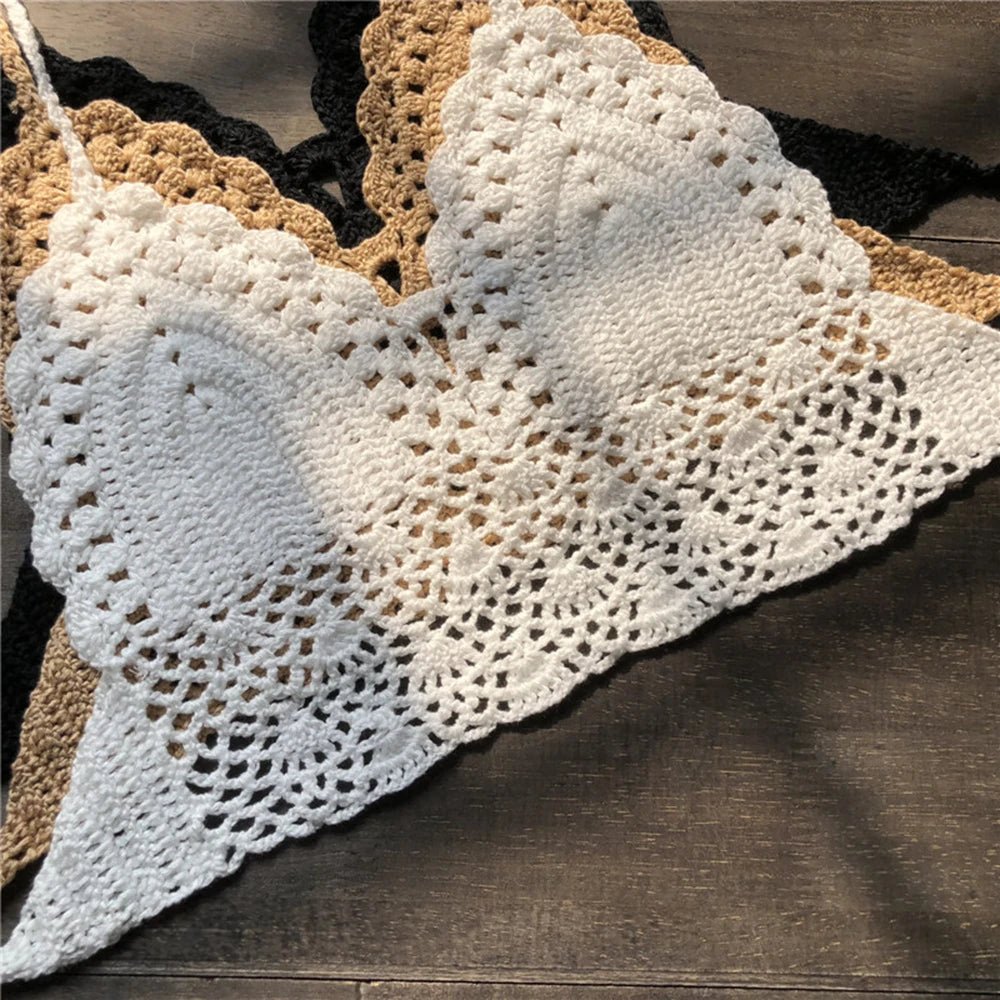 Sexy Crochet Crop Top Bikini Crop Top Women Crochet Boho Beach Camisoles Bikini Bralette Halter Cami Knitted Bra Backless