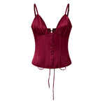 Women's Summer Solid Color Satin Slim Camisole Spaghetti Strap V-Neck Hook and Eye Front Closure Slim Fit Tank Tops