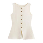 Women's Sleeveless Knit Top With Metal Buttons White Sleeveless Button Down Vest And Maxi Skirt Two Piece Set For Women S7XY