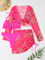 2026 Summer Women's 4 Pieces Suit Swimwear Neck Lace-up Bikini Set+crop Top+skirts Floral Print Gauze Swimsuit Beachwear Biquini