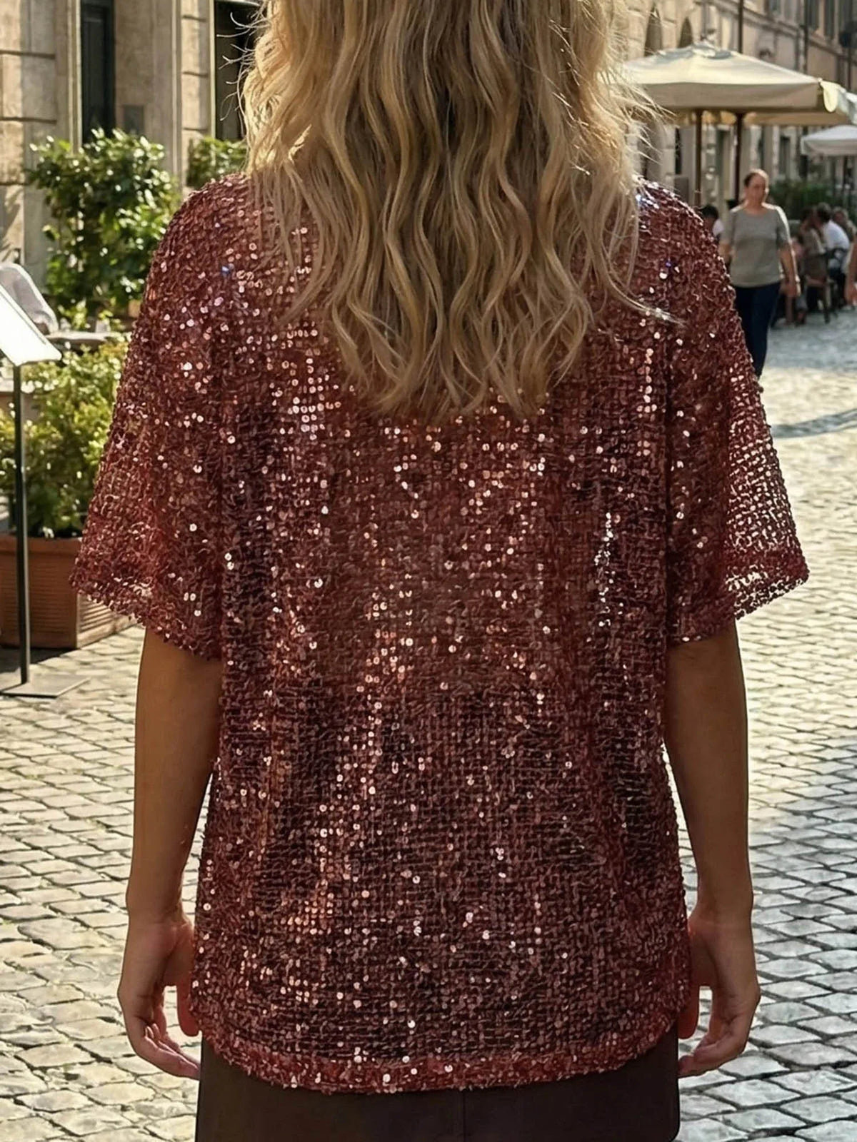 Summer Women's Fishnet T-shirt Casual Loose Fit Stylish Solid Color See Through Sequined Crew Neck Elbow Sleeve Tops