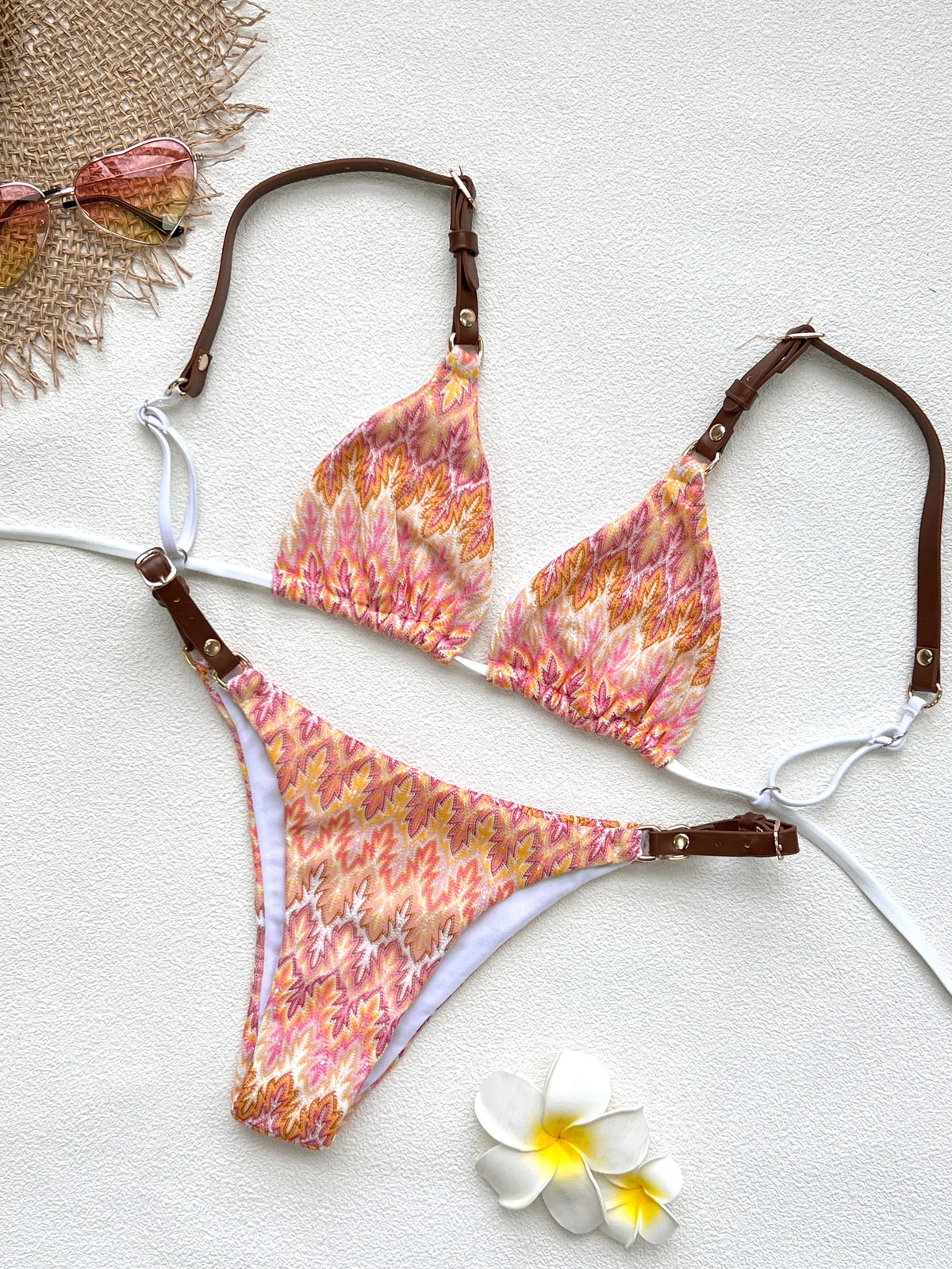 2025 Boho Crochet Bikini Set Cream Knit with Leather Straps Metal Buckles Perfect for Beach Wear Pool Parties Summer Getaways