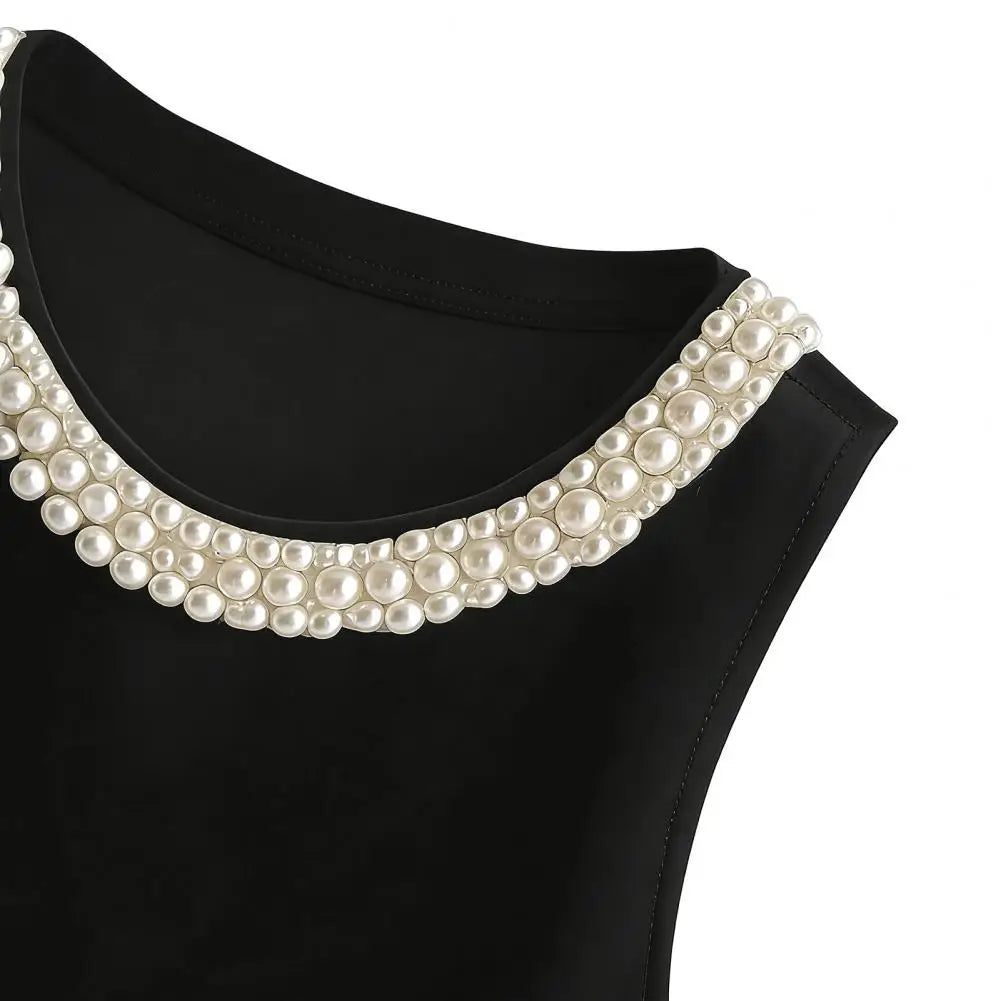Women Vest Silky Satin Sleeveless Tops With Faux Pearls Collar Loose Fit Summer Tops Formal Semi-Formal Wear Women Blouse