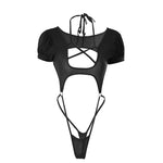 Sexy School Swimsuit Cutout Bodysuit Puff Sleeve Choker One-Piece Bodysuit with Side Strap Hollow Out Nightwear Boudoir Shoot
