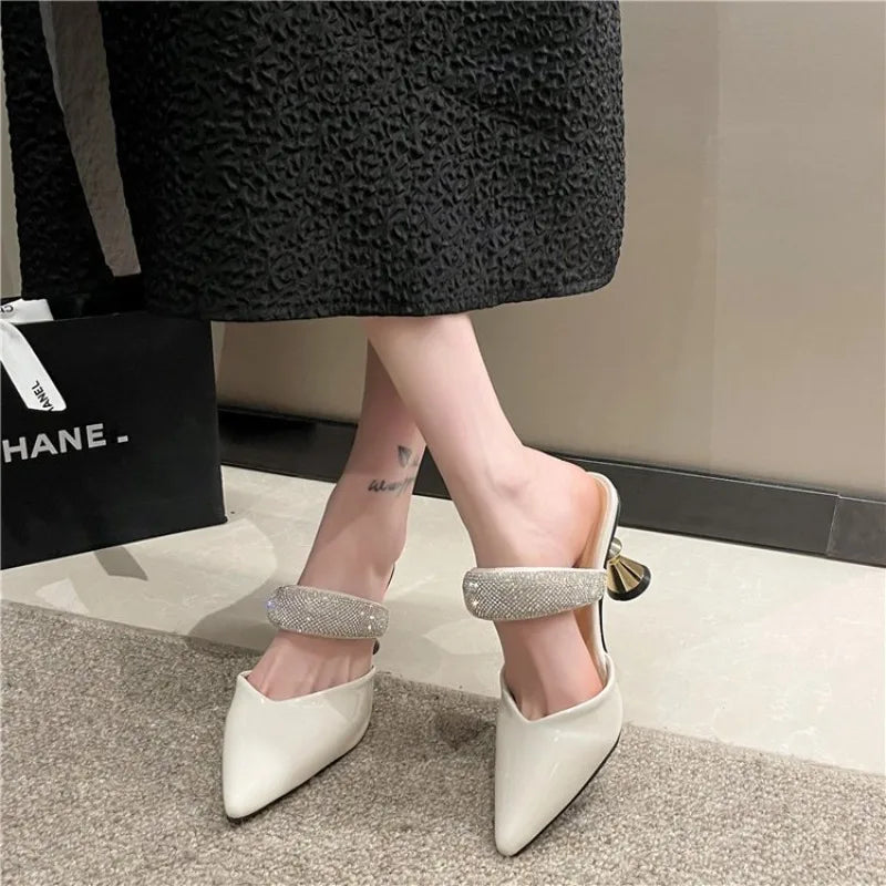 American pointed rhinestone high-heeled slippers women slim heels with toe caps, empty fashion sandals,