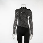 Women Rhinestone Fishnet T-shirt Solid Color Long Sleeve Crop Tops See Through Hollow Out Sexy Shirts Female Smock Tops