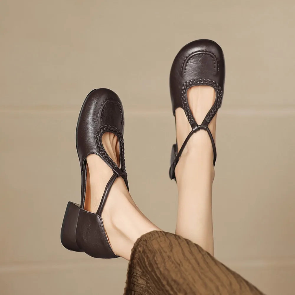 Women's T-Strap Shallow Flat Sandals Soft Leather Rome French Slip-on Single Shoes Retro Round Toe Shoes for Women Summer 32-43