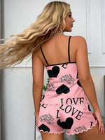 Women's Pink Heart LOVE Print 2 Piece Pajama Set, Spaghetti Strap Cami Top and Ruffle Hem Shorts, Summer Loungewear