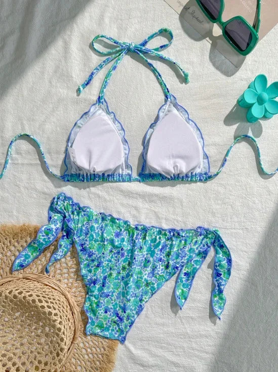 Women Cute Bikini Set 2025 New Summer Orange Floral Print Halter Ruffles Push Up Tie Side Thong Swimsuit Bathing Suit