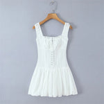 Square Neck Lace Trim Spliced Strap Dress For Women Front Mini Bud Skirt White Lace Mini Dress Ruffle Casual Summer Dress 4MXE