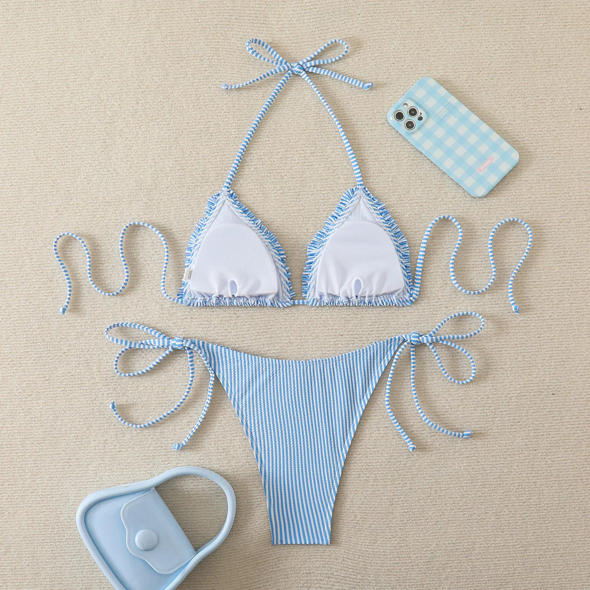 New Sexy Blue Striped String Bikinis Two Pieces Swimsuit Women Swimwear Halter Beach Wear Swim Bathing Suits Frill Bikini Set