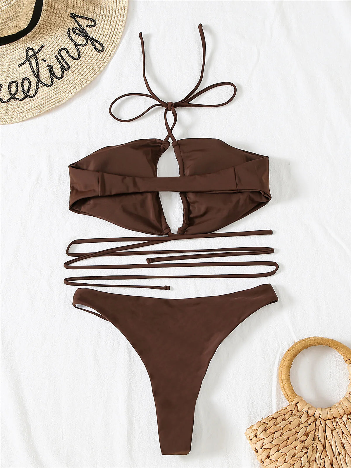 Solid Color Bikini Sexy Hollow Out Bandage Cross Thong Swimwear Women Halter Backless Bathing Suit High Waist Swimsuit 2026 New