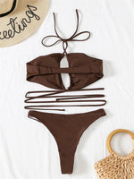 Solid Color Bikini Sexy Hollow Out Bandage Cross Thong Swimwear Women Halter Backless Bathing Suit High Waist Swimsuit 2026 New