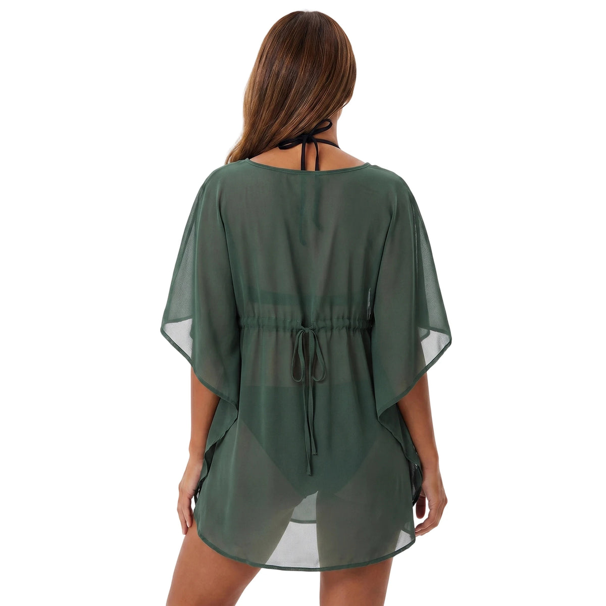Women Mesh Sheer Swimwear Cover-ups Loose Fit Solid Color Short Sleeve Mini Dress for Beach Pool Casual Bikini Cover Ups Summer