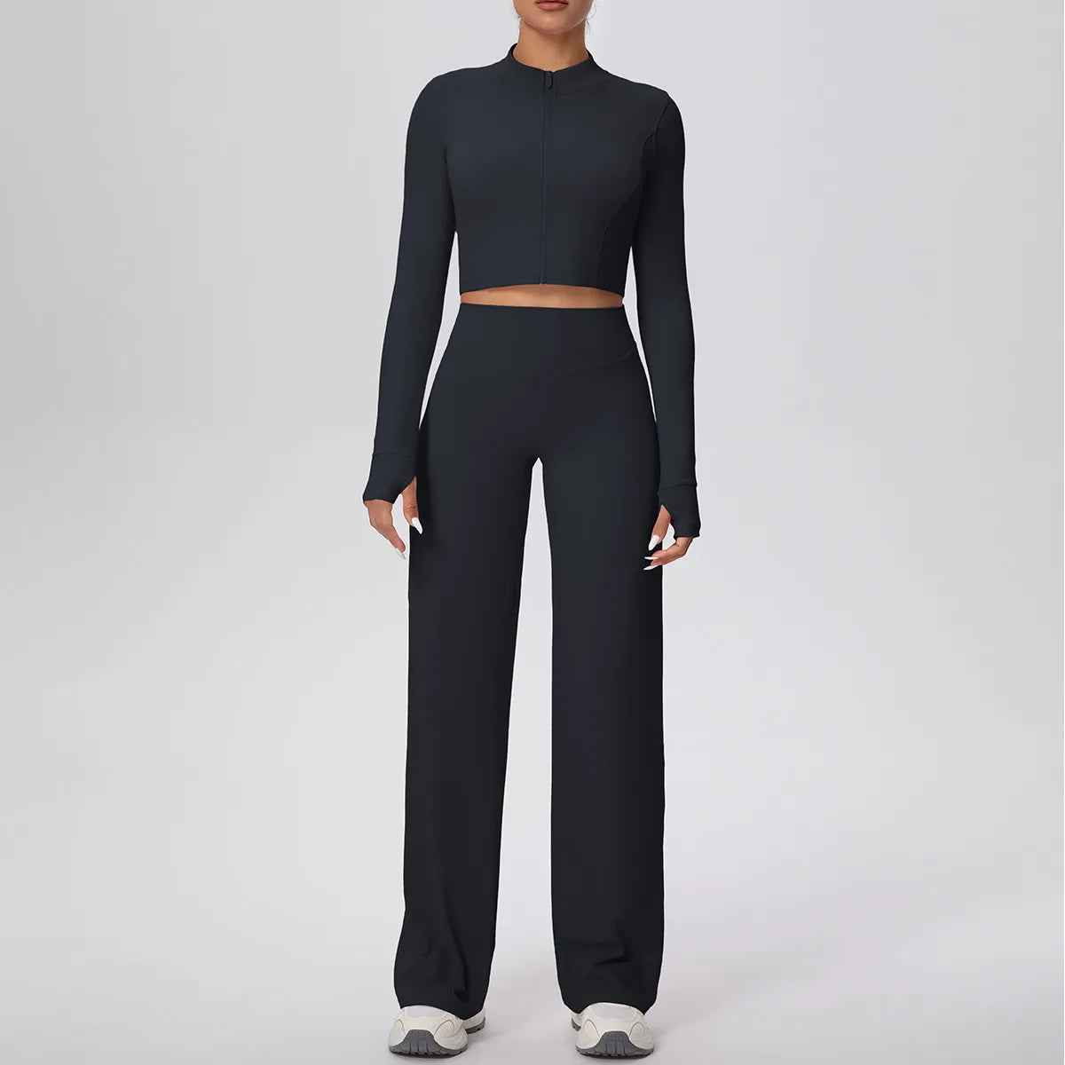 2 Pcs Women's Seamless Yoga Set Long-sleeved Wide-leg Pants Tracksuit Fitness Sports Set High-waisted Hip-lifting Slim-fit Suit