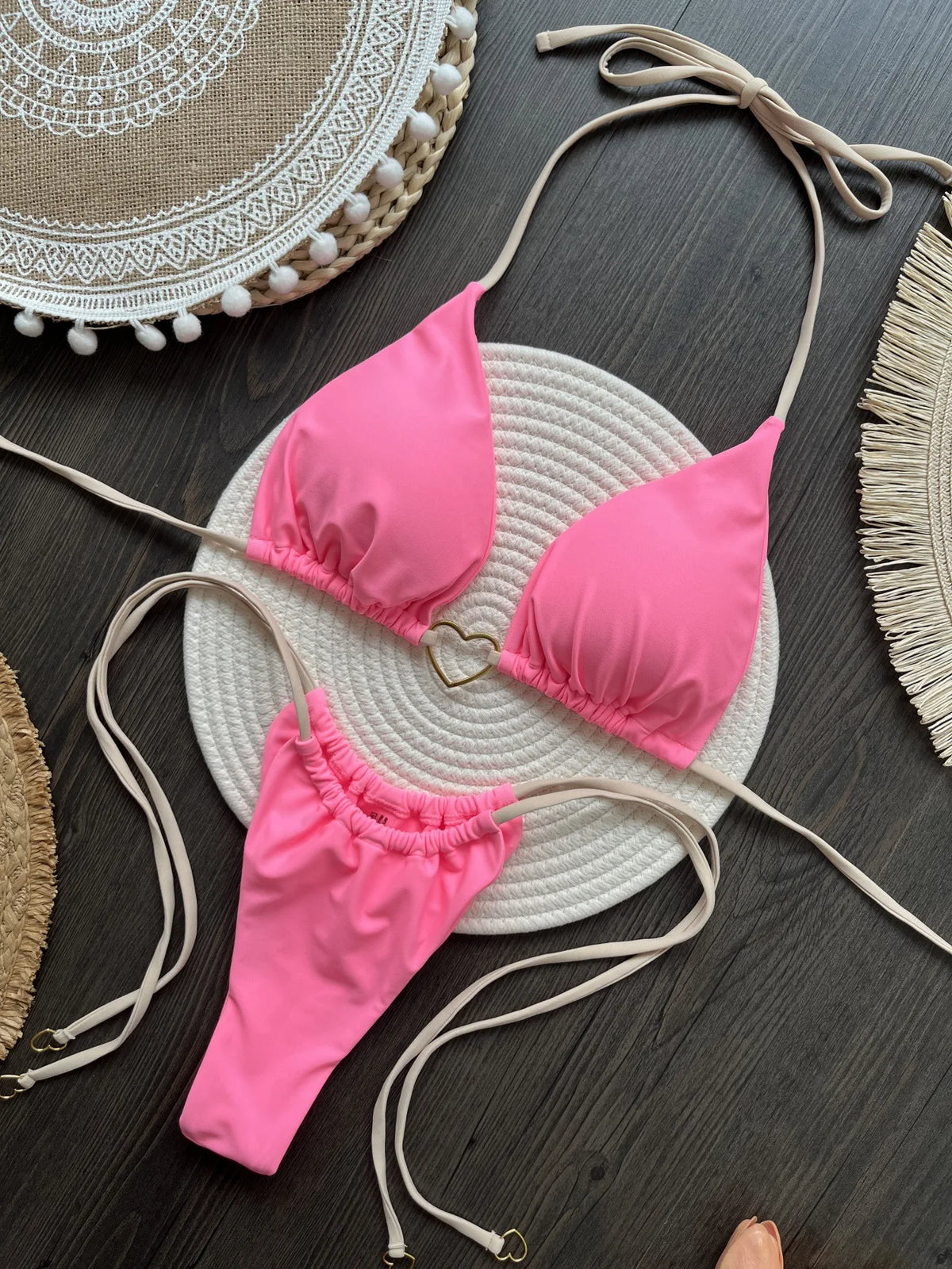 DEKA Metal Micro Bikini Set Lace-up High Waisted Bandage Thong Swimsuit Female Swimwear Women Solid Strappy Beachwear Bathing