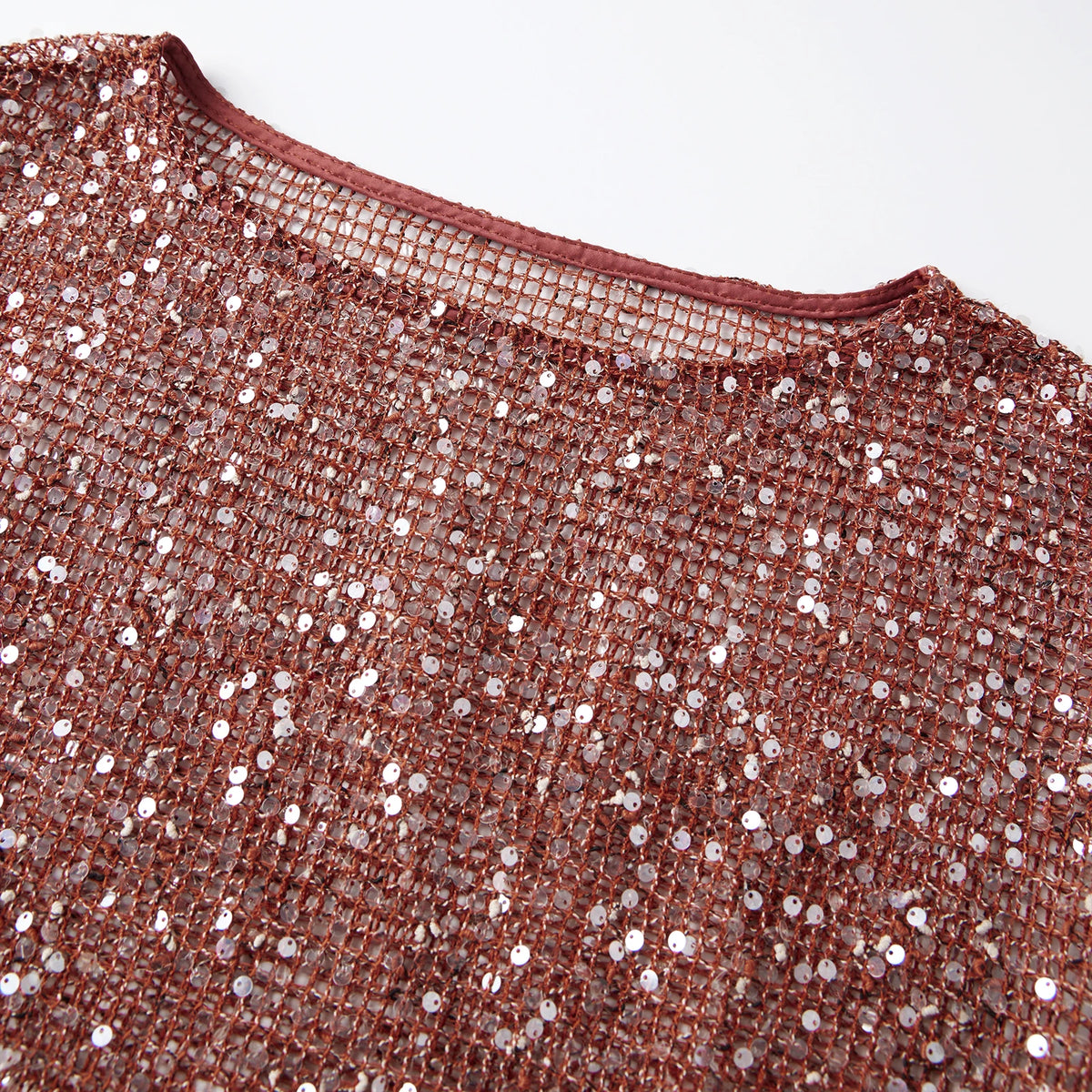 Summer Women's Fishnet T-shirt Casual Loose Fit Stylish Solid Color See Through Sequined Crew Neck Elbow Sleeve Tops