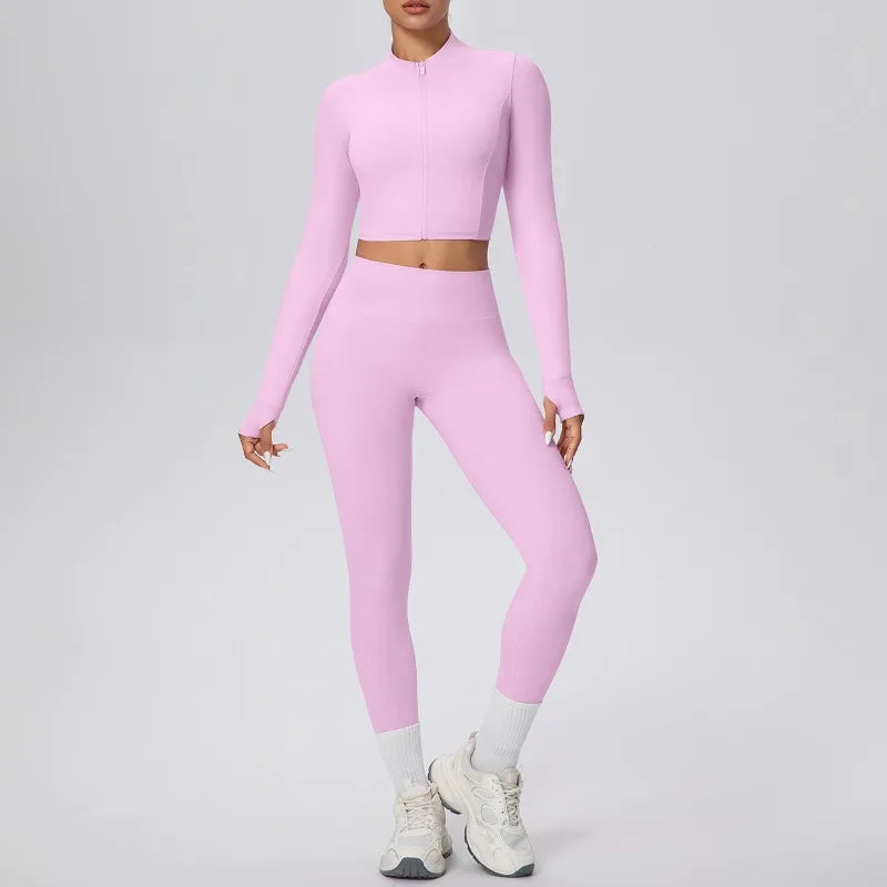New Women Yoga Set Solid Color Double-Sided Brushed Bare Feel Short Long-Sleeve Jacket Tight Pants Running Fitness 2-Piece Set