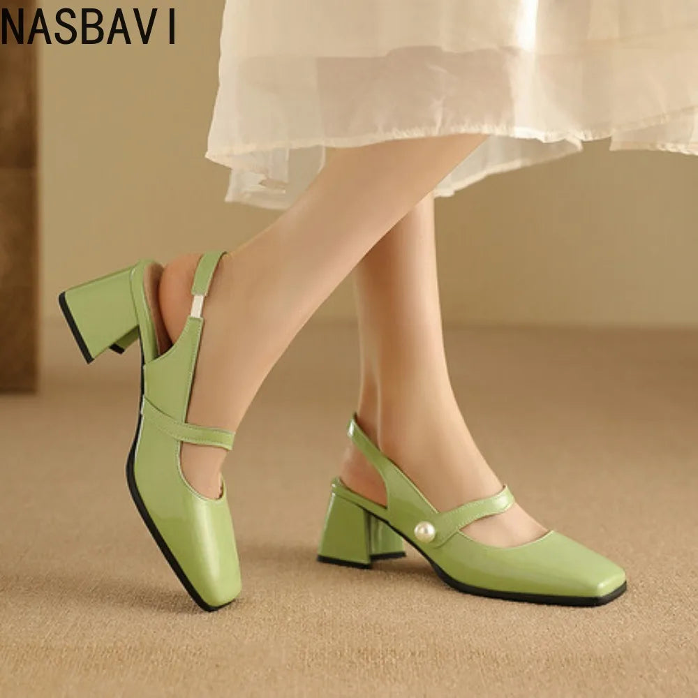Elegant Slingback Sandals Women Summer Shoes Pink Black Silver Medium Heels Close Toe Office Party Shoes Female Large Size 45