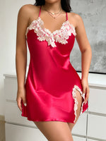 Women Nightgown Lace Trim Spaghetti Strap V Neck Side Slit Slip Dress Elegant Ladies Pajamas for Home and Party