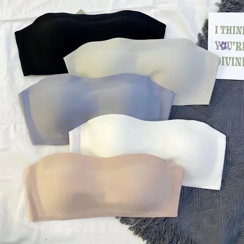 2Pcs/Set Strapless Bras For Women Push Up Bra Non-wire Bra Glossy Brassiere Seamless Underwear 1/2 Cup Padded Sexy Lingerie