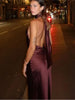 Elegant Solid Color Satin Halter Lace Up Long Dress Sexy Off Shoulder Backless Sleeveless Bodycon Dresses New Lady Party Robe