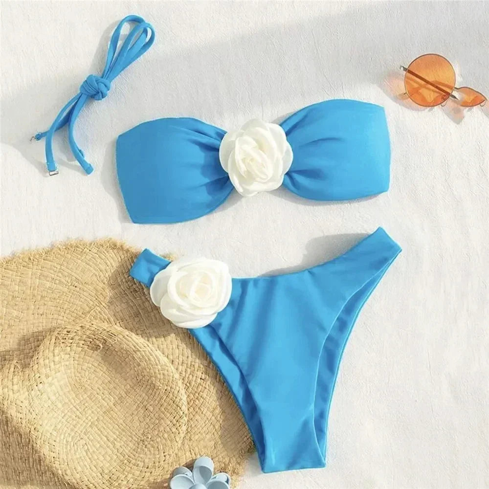 Sexy Flower Bandeau Swimwear Thong Bikini 2026 Women Lace-up Swimsuit Swimming Bathing Suit Brazilian Bikinis Sets Mujer Biquini