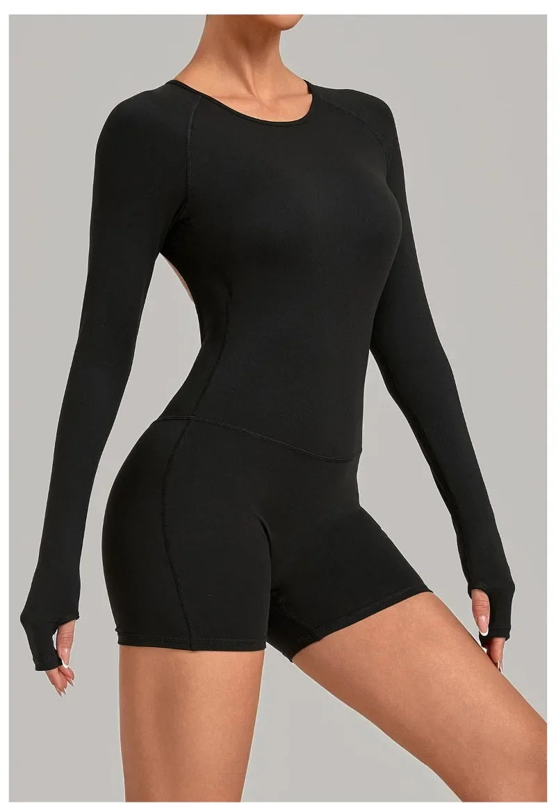 Women's Yoga Jumpsuits Sports Fitness Hip-lifting Long-sleeved Backless Running Training Workout Gym Shorts One-piece Bodysuits