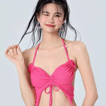 Vacation Beach Ins Rose Red Bikini Three Piece Swimsuit Women's Small Chest Internet Famous Swimsuit Butterfly Sexy Spicy Girl