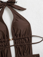 S - XL Deep V Neck Halter Wrinkled Women Swimwear One Piece Swimsuit Female Backless High Leg Cut Bather Bathing Suit Swim V7831