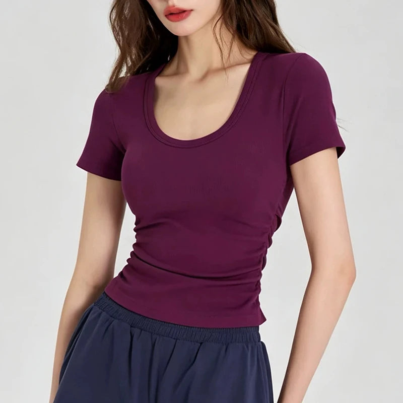 Big round Neck Yoga T-Shirt Short-Sleeved Slimming Sports Top with Fixed Chest Cushion for Running Pilates Summer Stretch