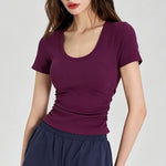 Big round Neck Yoga T-Shirt Short-Sleeved Slimming Sports Top with Fixed Chest Cushion for Running Pilates Summer Stretch