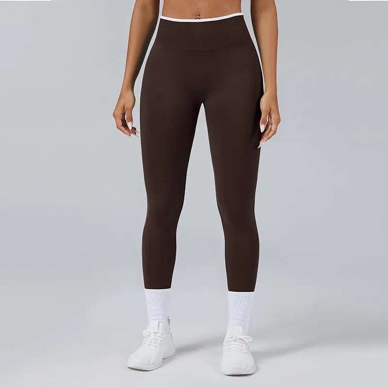 Women's Color Contrast Hip Lifting Yoga Fitness Pants, High Waist and Abdominal Compression, Elastic Tight Yoga Pants, Autumn