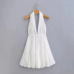 Foridol White Beach Summer Dress Women Backless Cotton Lace Short Autumn Sundress Women Clothing Halter A-line Pleated Dress