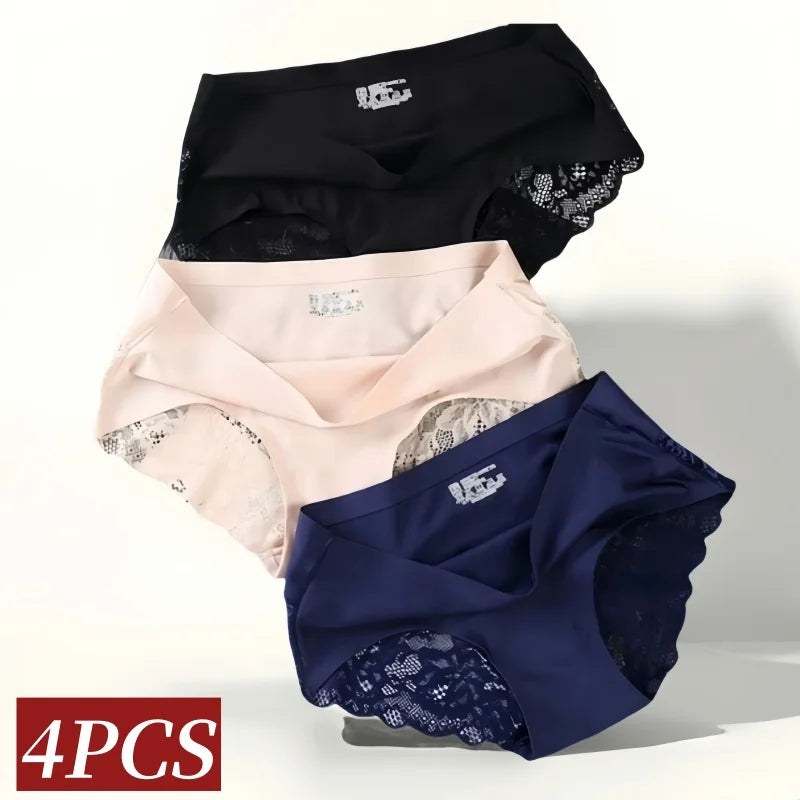 4Pcs/Set Panties Sexy Briefs Lace Trims Panties For Women Comfort Breathable Panty Low-Rise Lingerie M-XXL Ice Silk Underwear