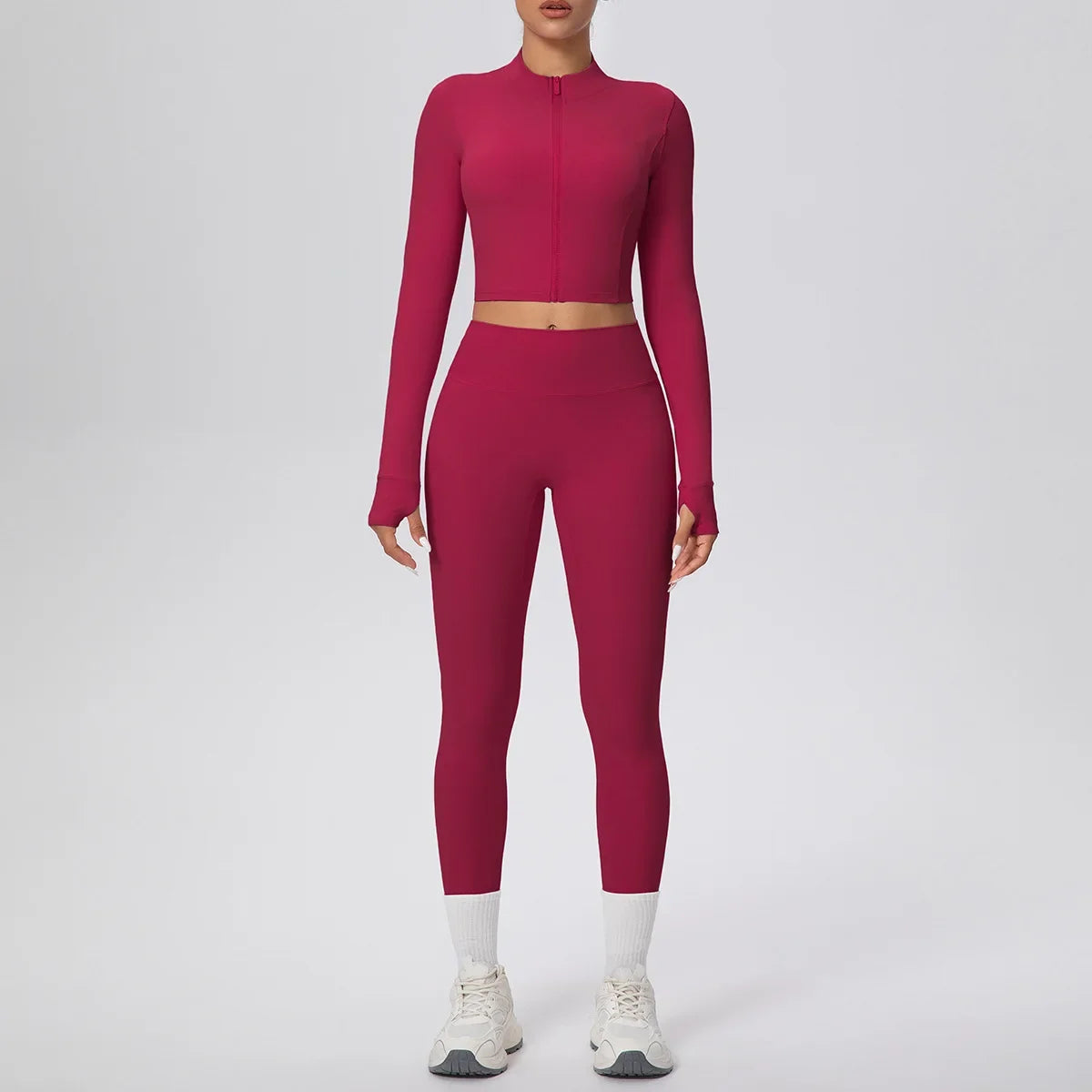 New Women Yoga Set Solid Color Double-Sided Brushed Bare Feel Short Long-Sleeve Jacket Tight Pants Running Fitness 2-Piece Set