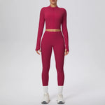 New Women Yoga Set Solid Color Double-Sided Brushed Bare Feel Short Long-Sleeve Jacket Tight Pants Running Fitness 2-Piece Set