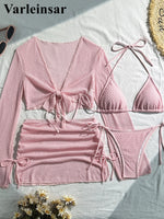 9 Colors New Long Sleeve With Skirt Bikini Female Swimsuit Women Swimwear Four-pieces Bikini set Bather Bathing Suit Swim V6358P