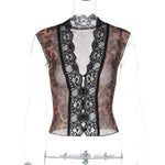 FDYOUI Women's Deep V-neck Lace Patchwork Mesh T-shirts 2026 Summer Sexy Sleeveless Buttons Leopard Tops Tee Shirt Streetwear