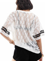 Women Summer Lace Football T-Shirt Casual Number Print See-Through V-Neck Short Sleeve Basic Tops for Streetwear
