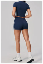 Color Contrast Yoga Suit Women Short Sleeve O Neck Sports T Shirts Tracksuit Outwear High Waist Shorts Gym Running Fitness Suits